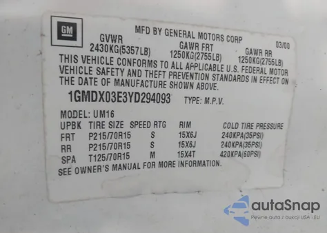 2000 Pontiac Montana M16 из США, поврежденный, VIN 1GMDX03E3YD294093